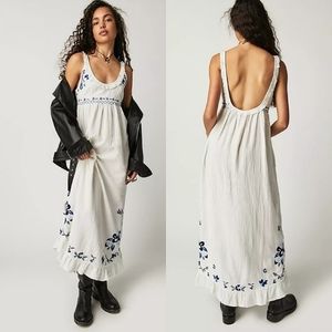 Free People Magda Blue Embroidered White Maxi Dress In Ivory Indigo Size M NWT
